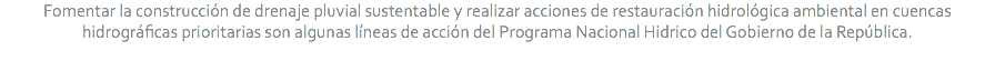 Fomentar la construcción de drenaje pluvial sustentable y realizar acciones de restauración hidrológica ambiental en cuencas hidrográficas prioritarias son algunas líneas de acción del Programa Nacional Hidrico del Gobierno de la República.
